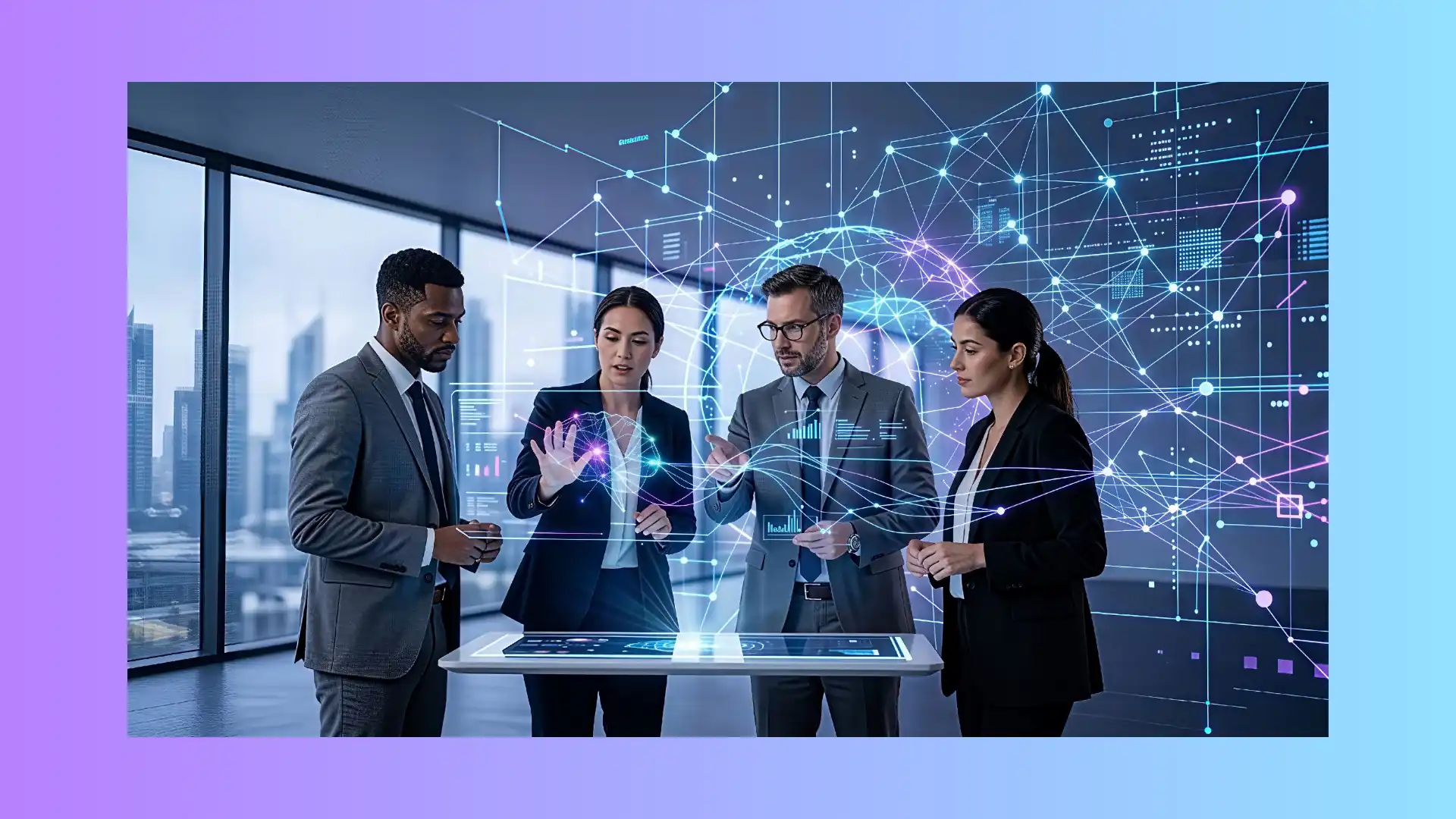 Microsoft 365 Copilot trasforma il tuo modo di lavorare 1 Quattro professionisti in un ufficio moderno interagiscono con un'interfaccia digitale olografica, simbolo della collaborazione potenziata dall'intelligenza artificiale di Microsoft 365 Copilot.