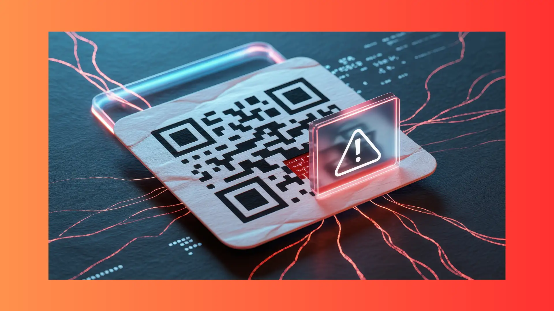 Phishing con QR Code: come funziona l'attacco email che ha ingannato milioni di imprese 1 Codice QR con icona di avviso su sfondo digitale blu scuro, circondato da fili luminosi rossi — simbolo di attacco phishing via QR code