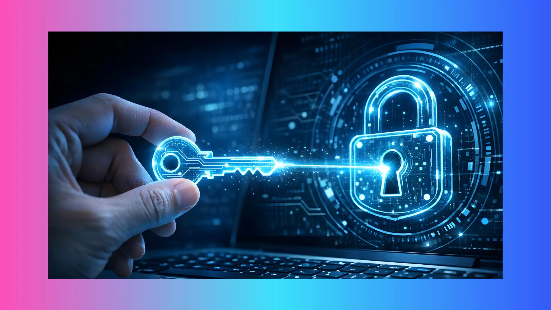 Autenticazione sicura: chiave digitale e lucchetto olografico su laptop, simbolo di protezione dell'identità digitale