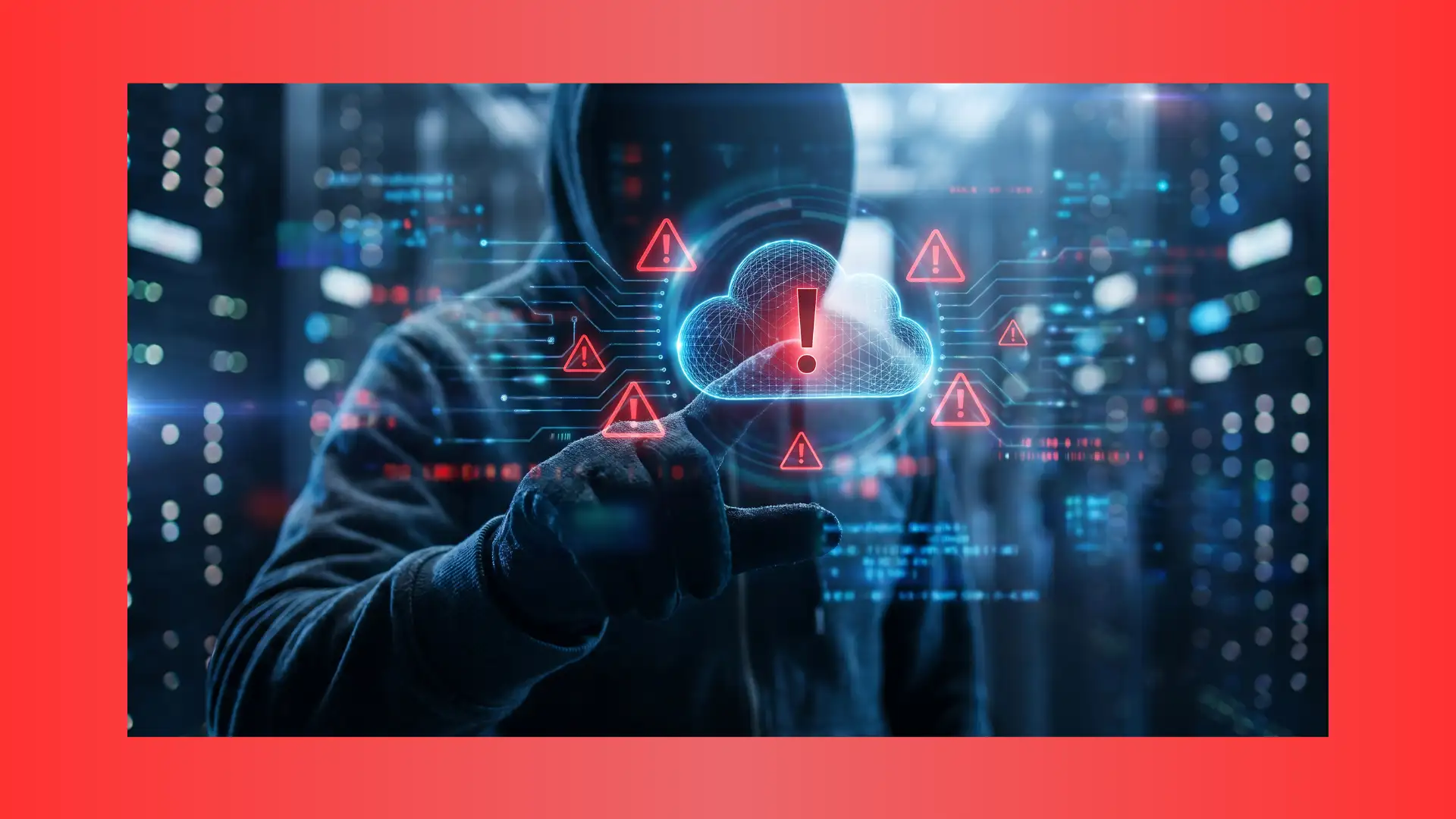 Hacker con cappuccio che interagisce con un'icona cloud digitale circondata da simboli di allerta rossi, simbolo di minaccia informatica e attacco cyber