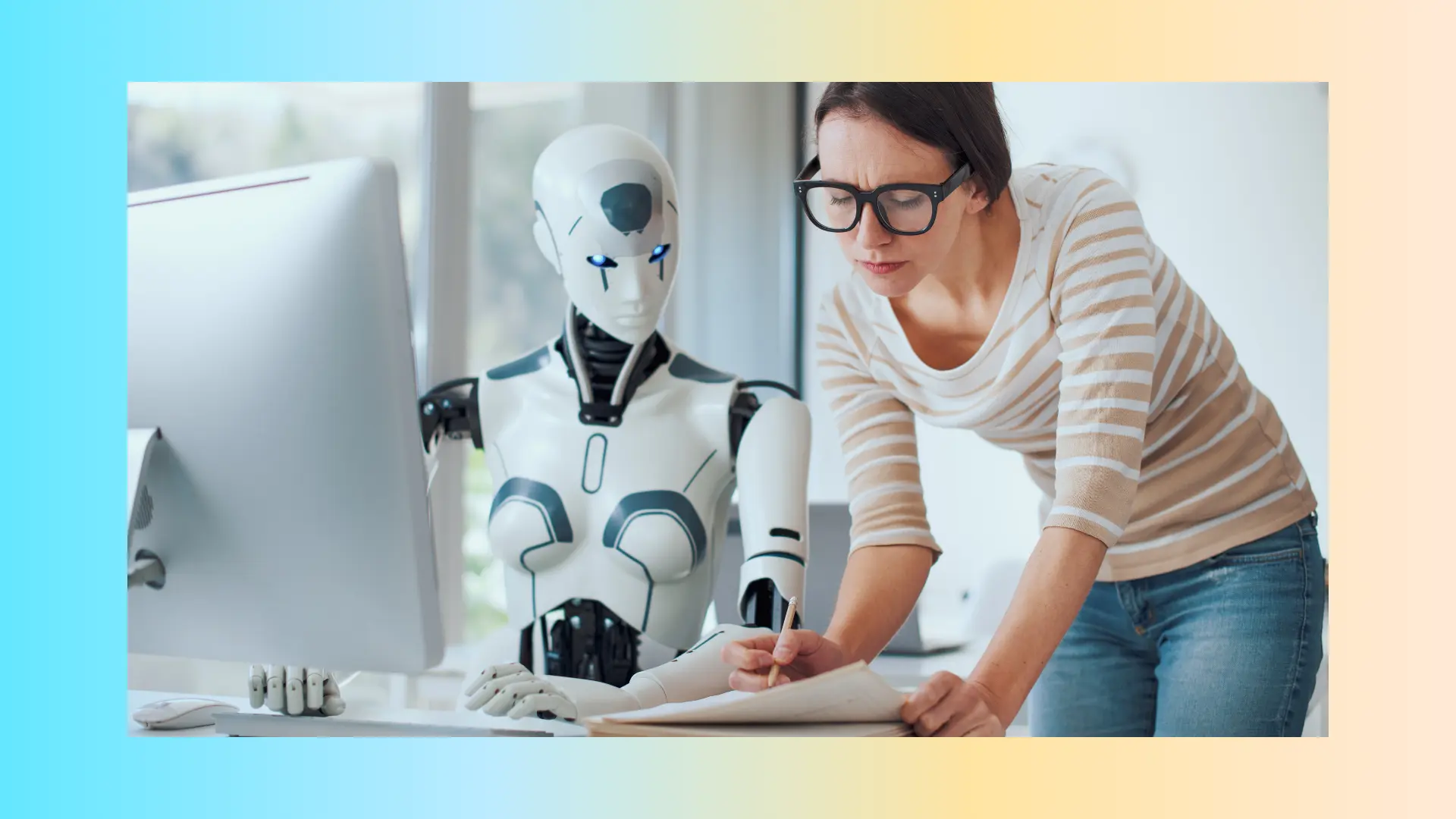 Copilot Cowork: come far lavorare l'AI al posto tuo 1 Robot umanoide al computer affiancato da una professionista che scrive, simbolo dell'AI che lavora insieme all'essere umano con Copilot Cowork