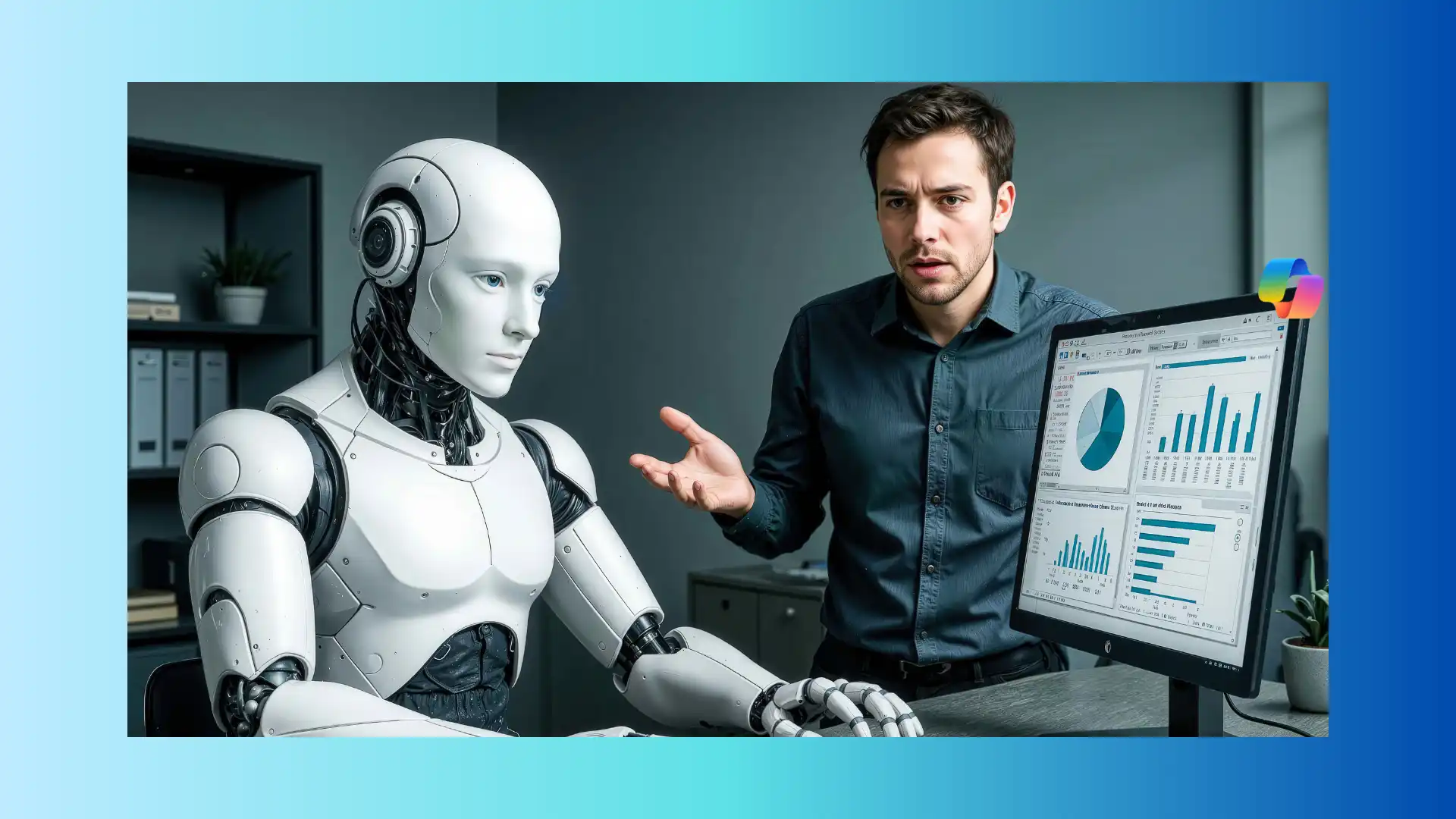 Copilot Cowork in azione: 3 modi concreti per usarlo 1 Robot umanoide che lavora al computer affiancato da un uomo in ufficio, simbolo di collaborazione tra intelligenza artificiale e lavoro umano
